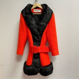 1960s LILLI ANN PARIS RABBIT FUR TRIMMED RED ORANGE BELTED JACKET SZ S 2/4